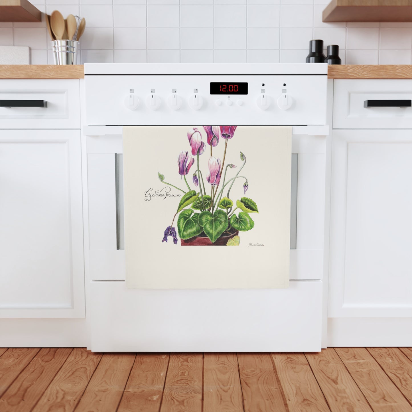 Botanic Art Cotton Tea Towel - Cyclamen Persicum Flower