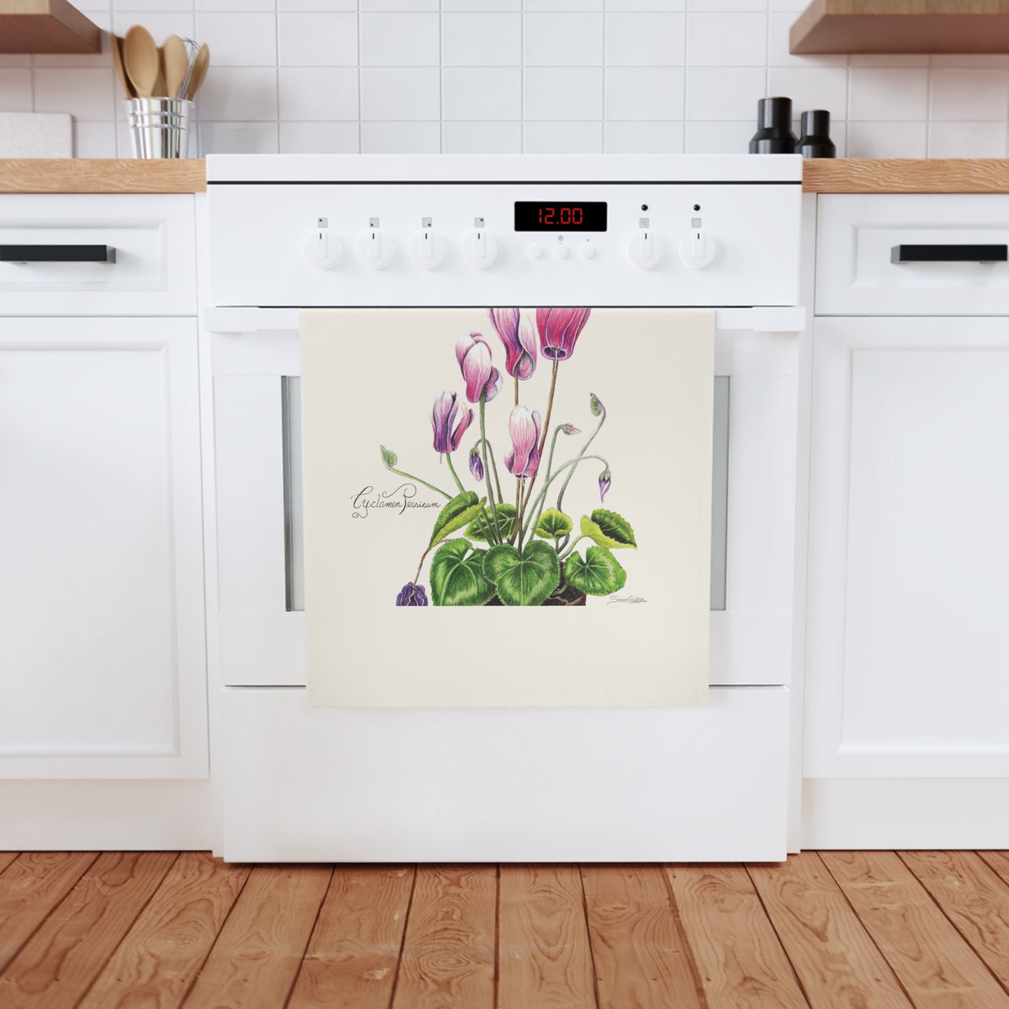 Botanic Art Cotton Tea Towel - Cyclamen Persicum Flower