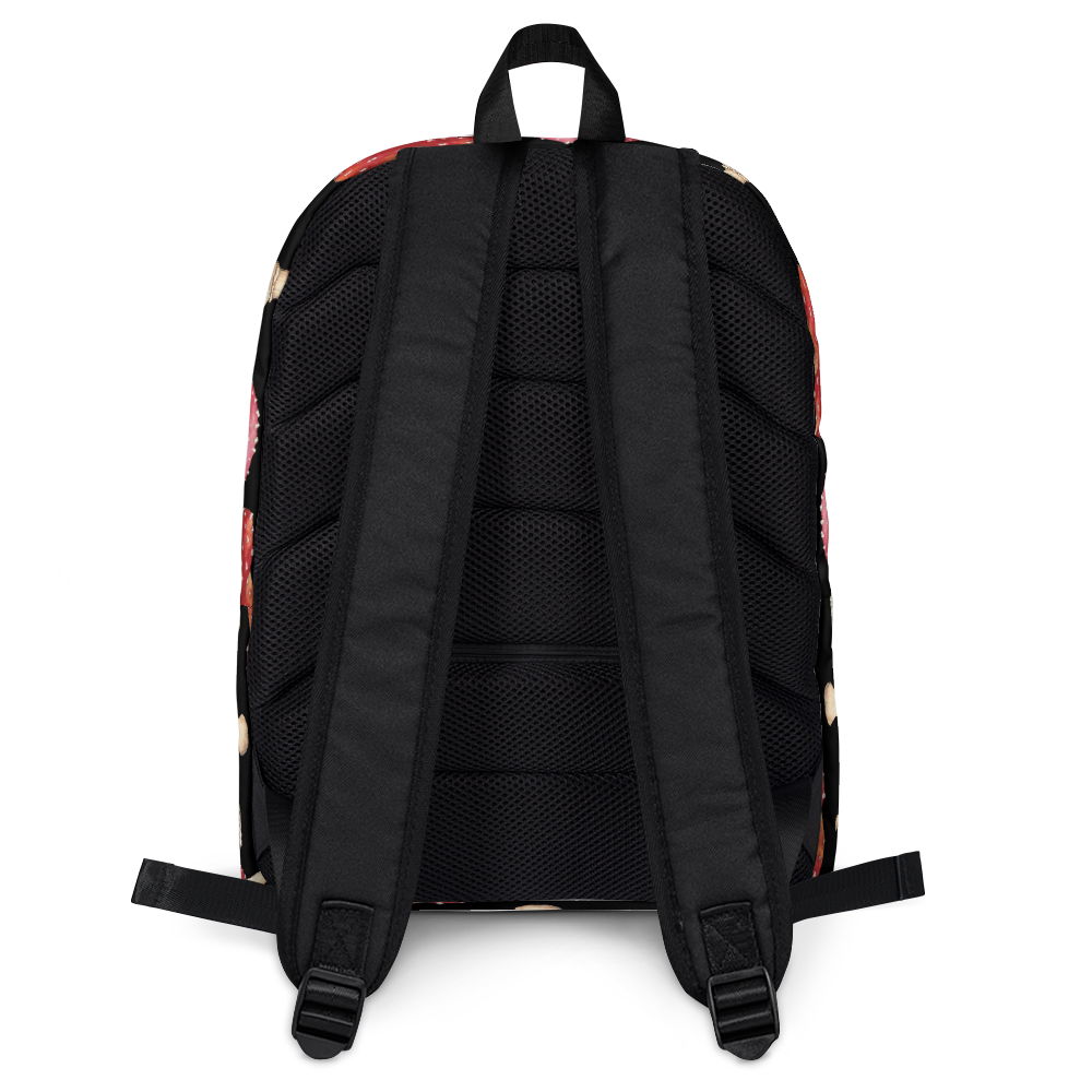 Black Backpack with Botanical Print of Red Amanita Mushrooms