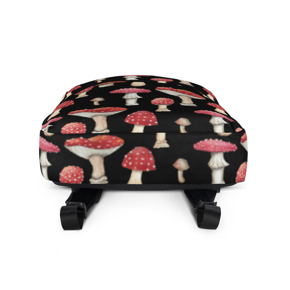 Black Backpack with Botanical Print of Red Amanita Mushrooms