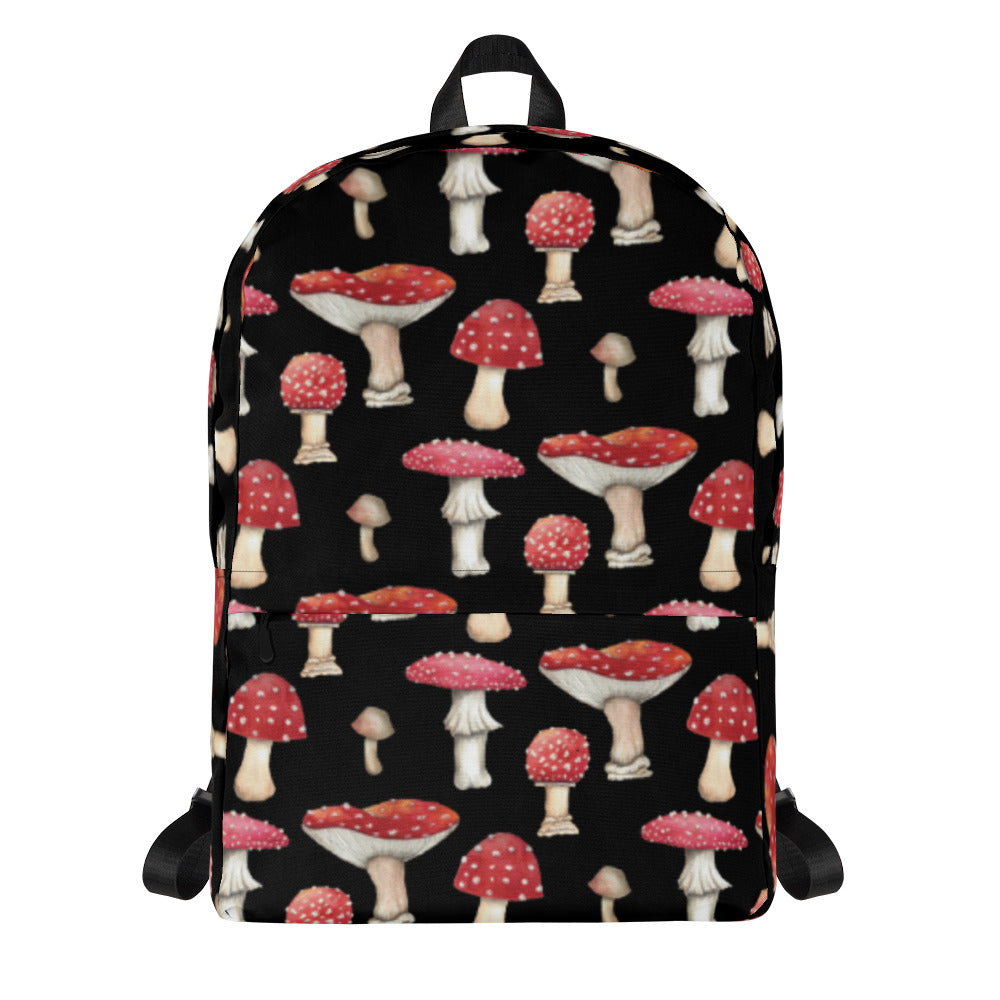 Black Backpack with Botanical Print of Red Amanita Mushrooms