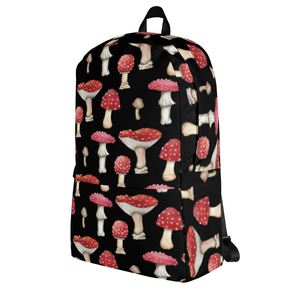 Black Backpack with Botanical Print of Red Amanita Mushrooms