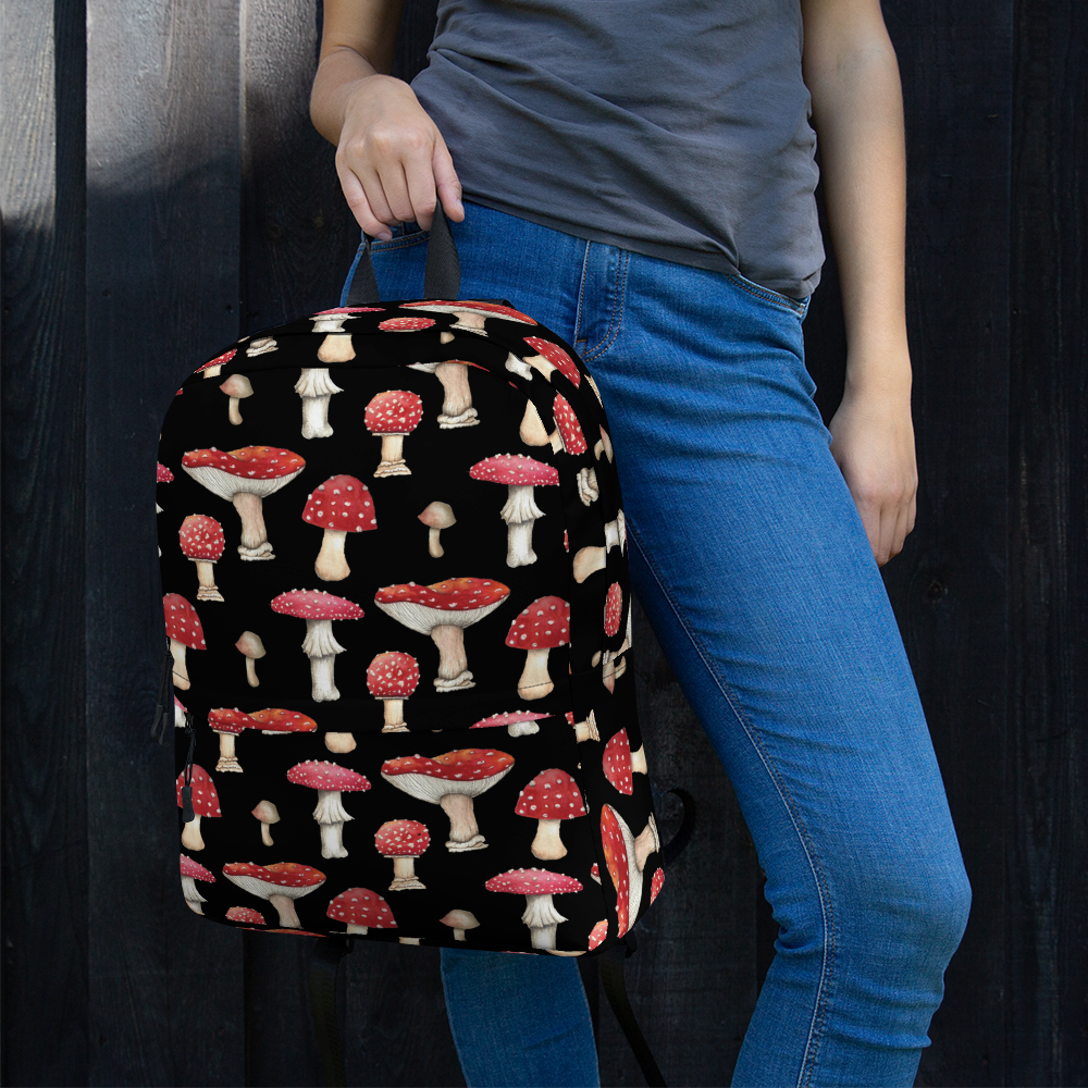 Black Backpack with Botanical Print of Red Amanita Mushrooms