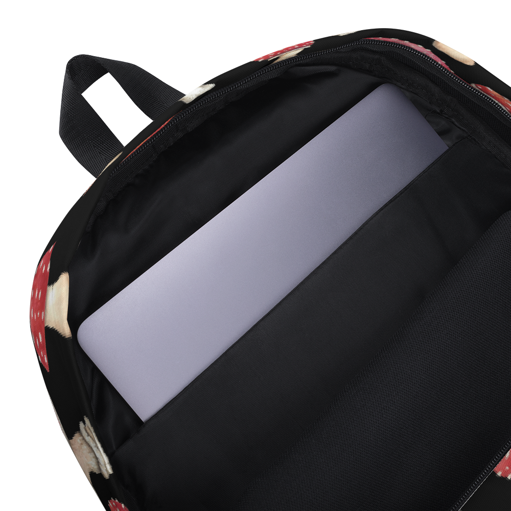 Inside Pocket of Black Backpack with Botanical Print of Amanita Mushrooms