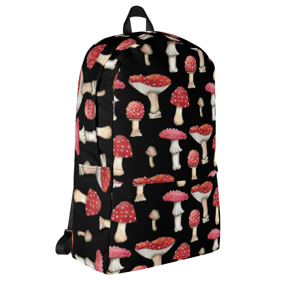 Black Backpack with Botanical Print of Red Amanita Mushrooms