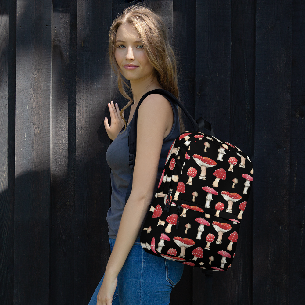 Black Backpack with Botanical Print of Red Amanita Mushrooms