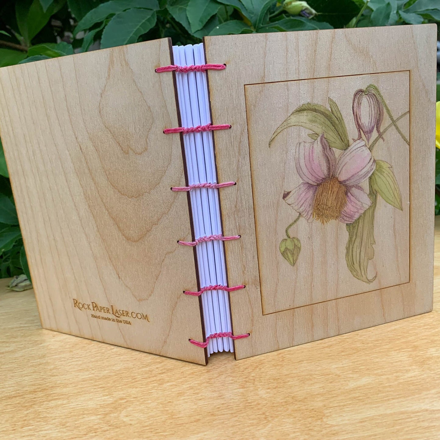 Handbound Journal with Engraved Wood Cover of Clematis Flower - Botanical Print Journal