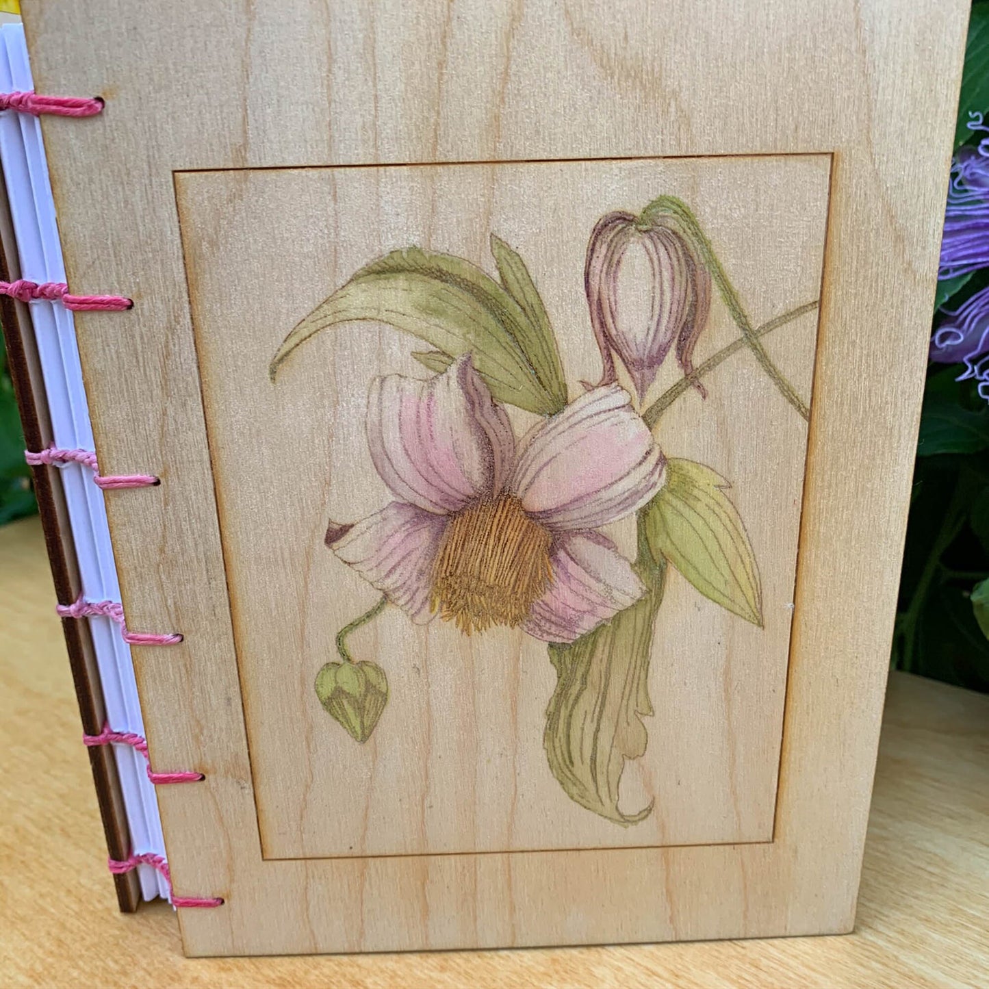 Handbound Journal with Engraved Wood Cover of Clematis Flower - Botanical Print Journal