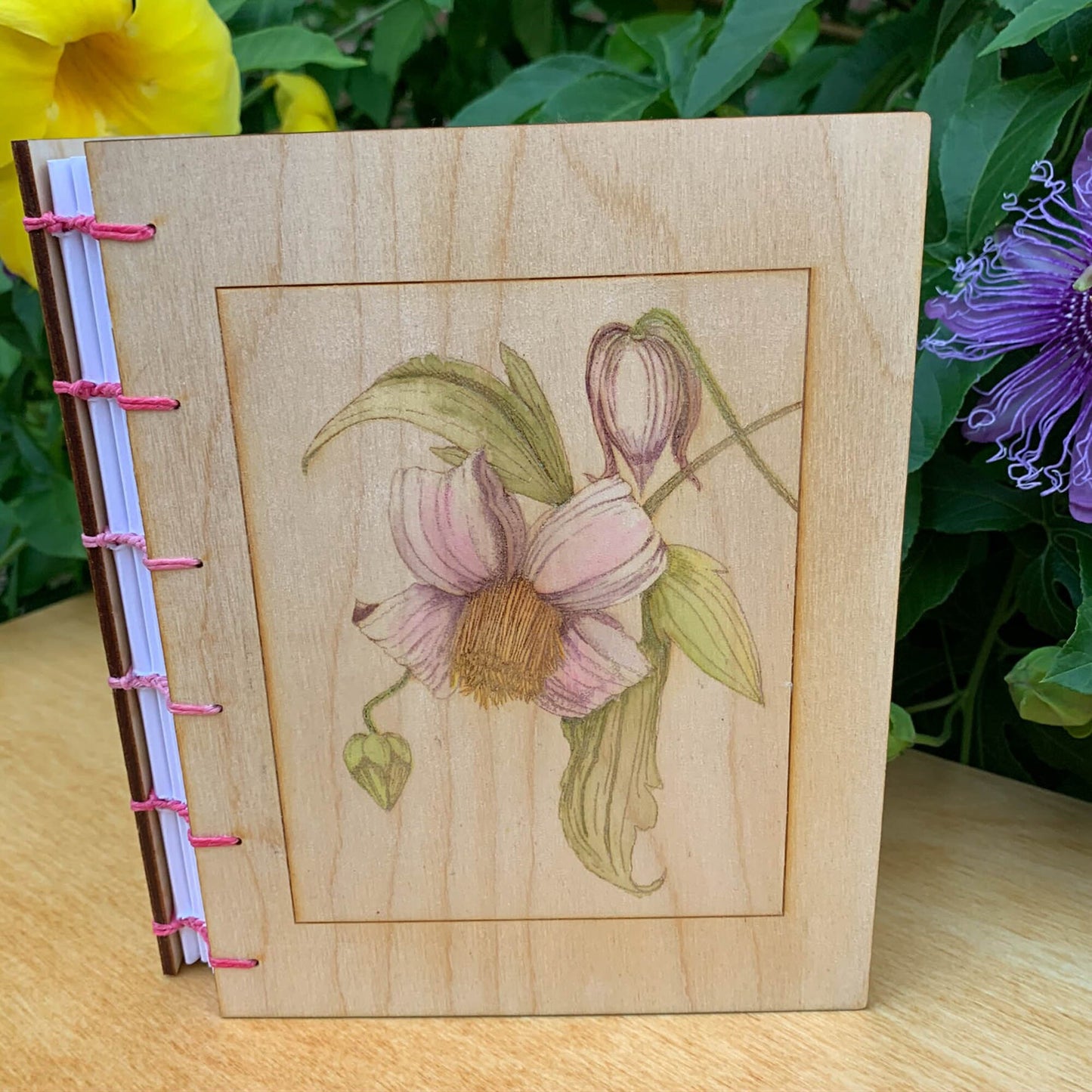 Handbound Journal with Engraved Wood Cover of Clematis Flower - Botanical Print Journal
