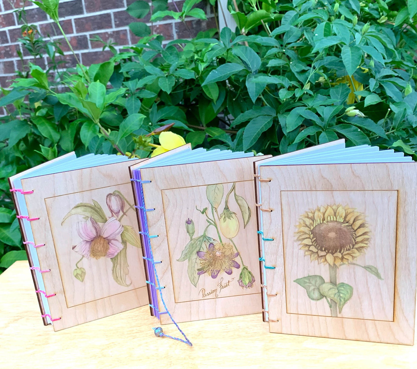 Handbound Journal with Engraved Wood Cover of Clematis Flower - Botanical Print Journal