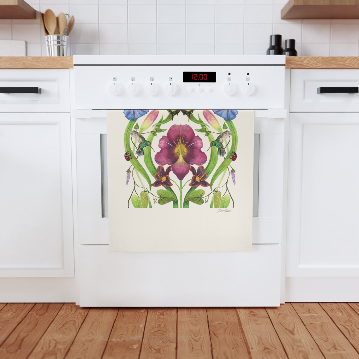 Cotton Tea Towel - Watercolor Botanical Art with Day Lily and Hummingbird Design