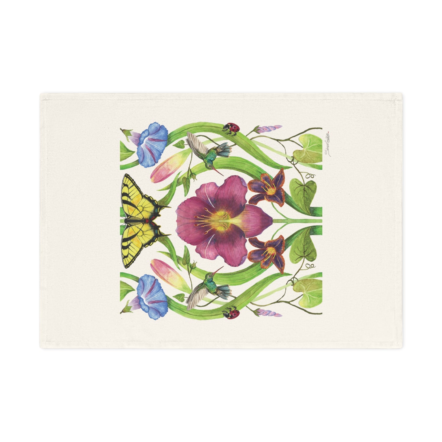 Cotton Tea Towel - Watercolor Botanical Art with Day Lily and Hummingbird Design