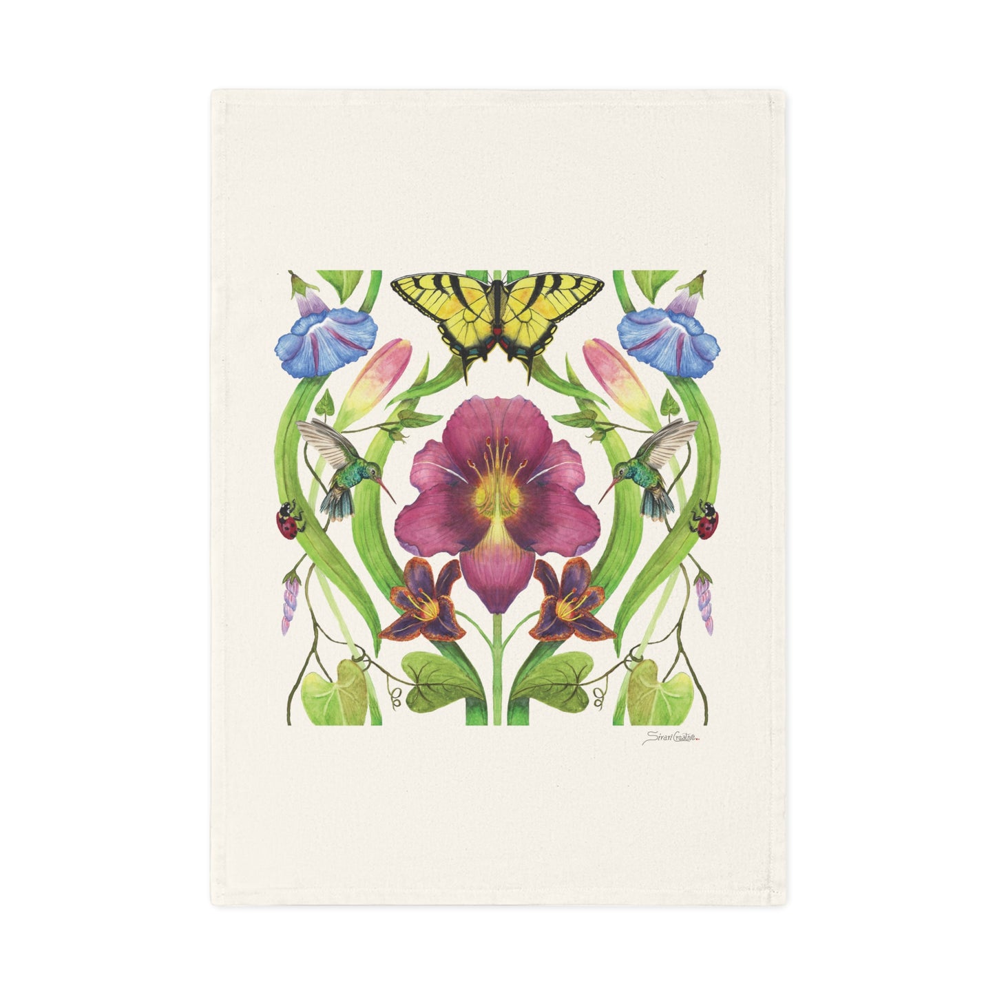 Cotton Tea Towel - Watercolor Botanical Art with Day Lily and Hummingbird Design