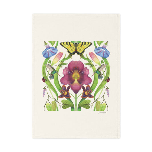 Cotton Tea Towel - Watercolor Botanical Art with Day Lily and Hummingbird Design