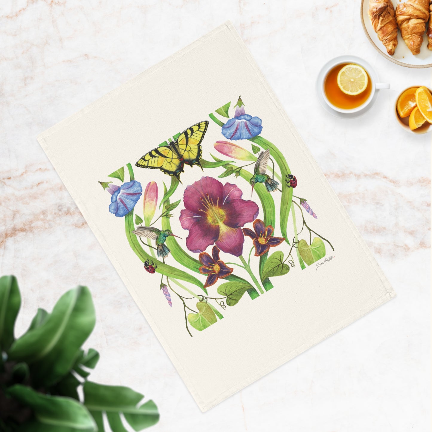 Cotton Tea Towel - Watercolor Botanical Art with Day Lily and Hummingbird Design