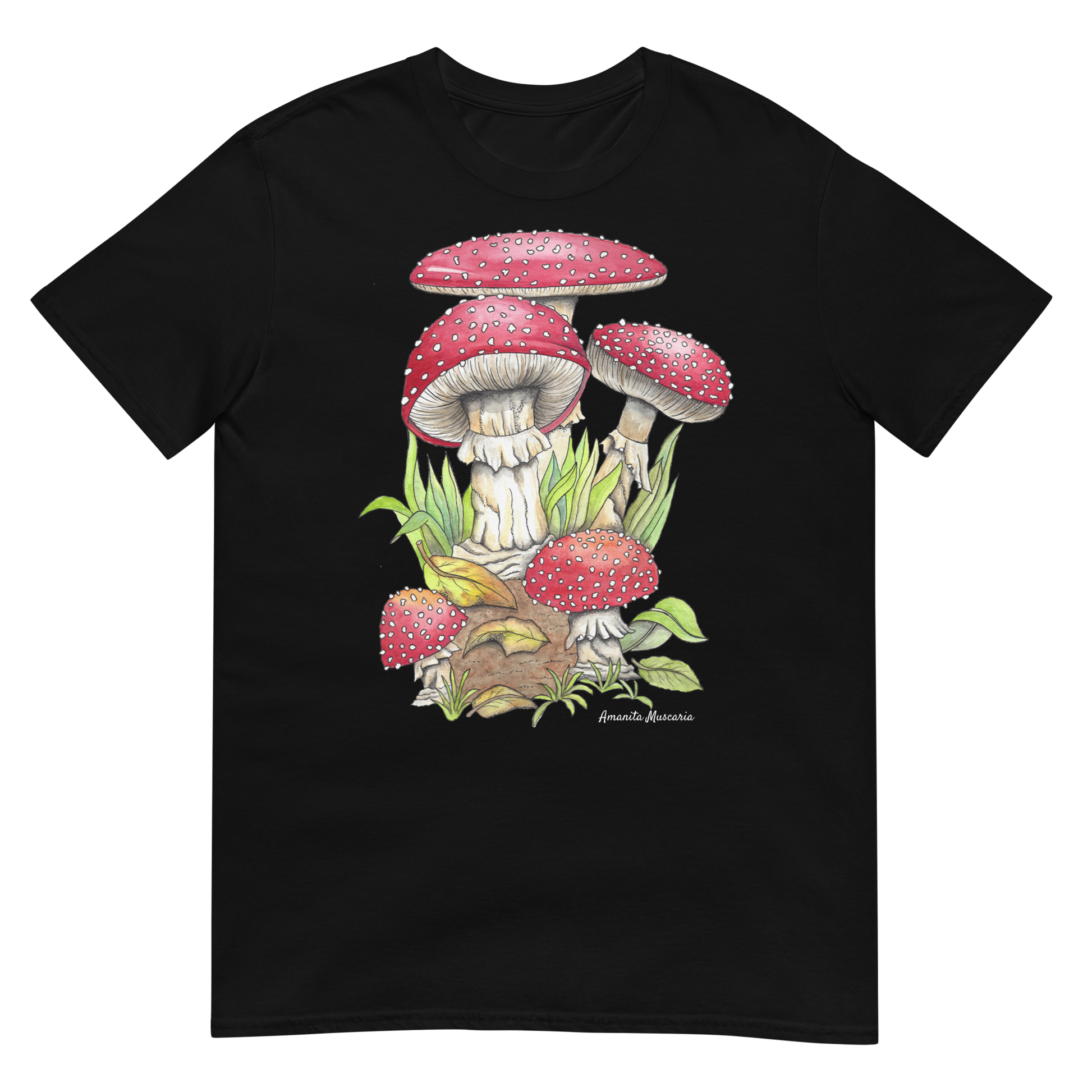 Black T-Shirt with Botanical Print of Amanita Muscaria Mushrooms