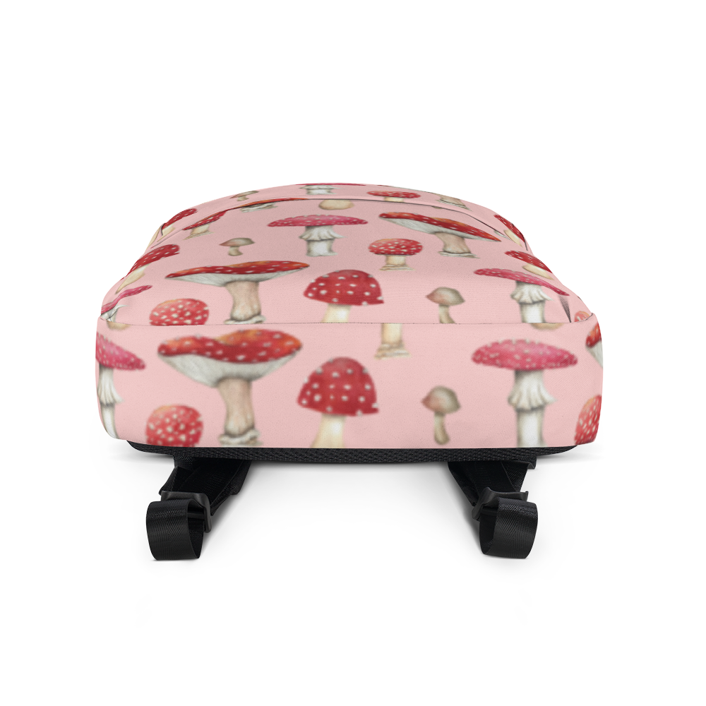 Pink Backpack with Botanical Print of Red Amanita Mushrooms