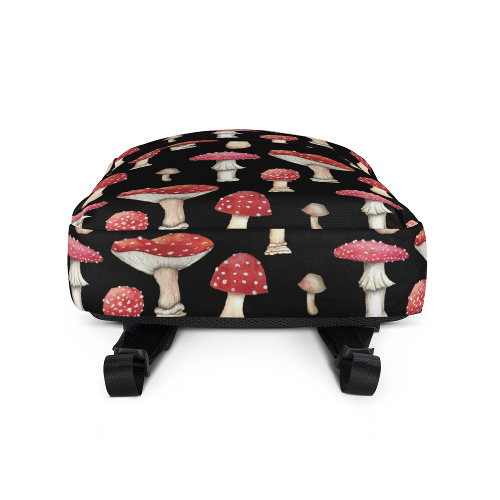 Black Backpack with Botanical Print of Red Amanita Mushrooms