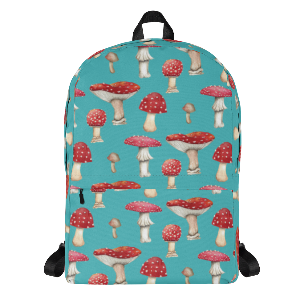 Blue Backpack with Botanical Print of Red  Amanita Mushrooms