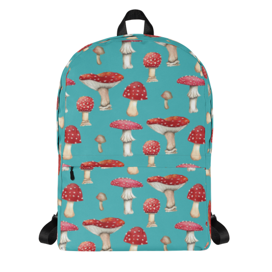 Blue Backpack with Botanical Print of Red  Amanita Mushrooms