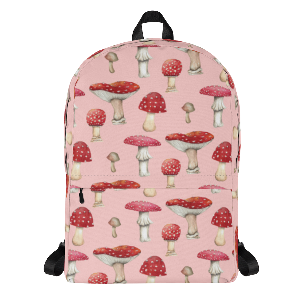 Pink Backpack with Botanical Print of Red Amanita Mushrooms