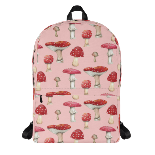 Pink Backpack with Botanical Print of Red Amanita Mushrooms