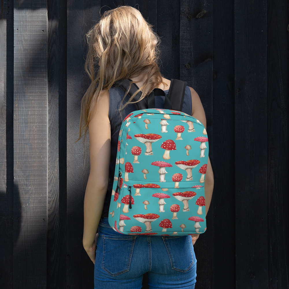 Backpack with Botanical Print of Re  Amanita Mushrooms