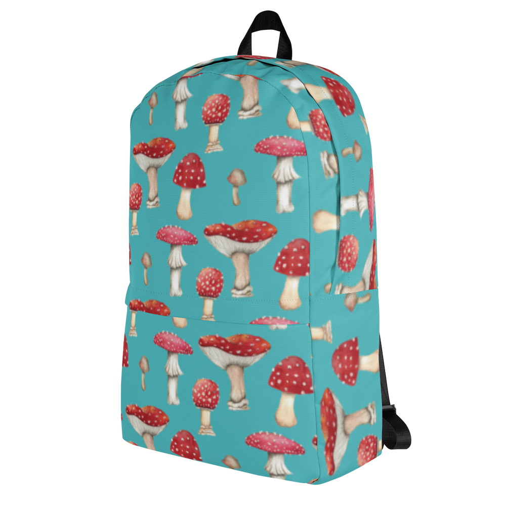 Blue Backpack with Botanical Print of Red  Amanita Mushrooms