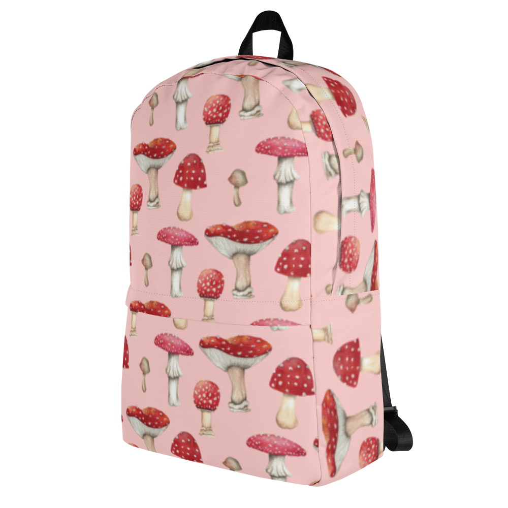 Pink Backpack with Botanical Print of Red Amanita Mushrooms