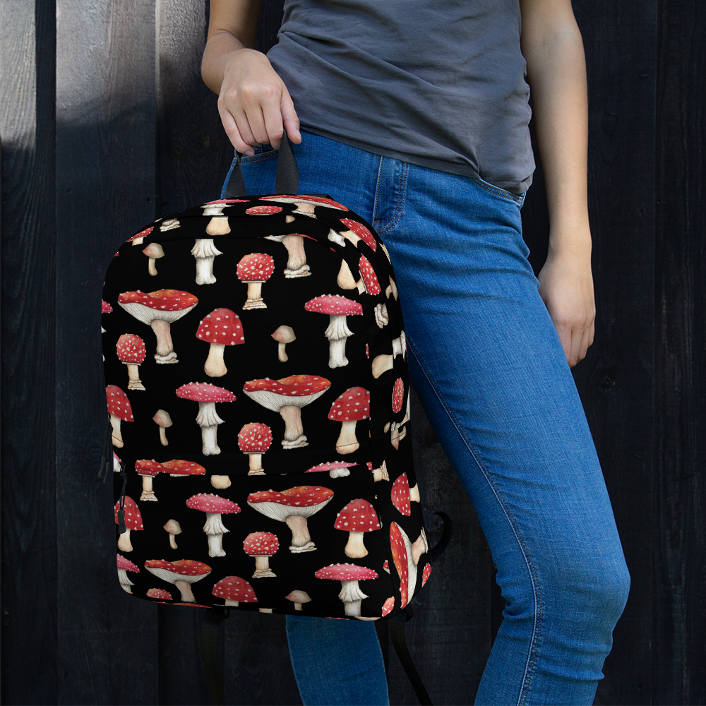 Black Backpack with Botanical Print of Red  Amanita Mushrooms