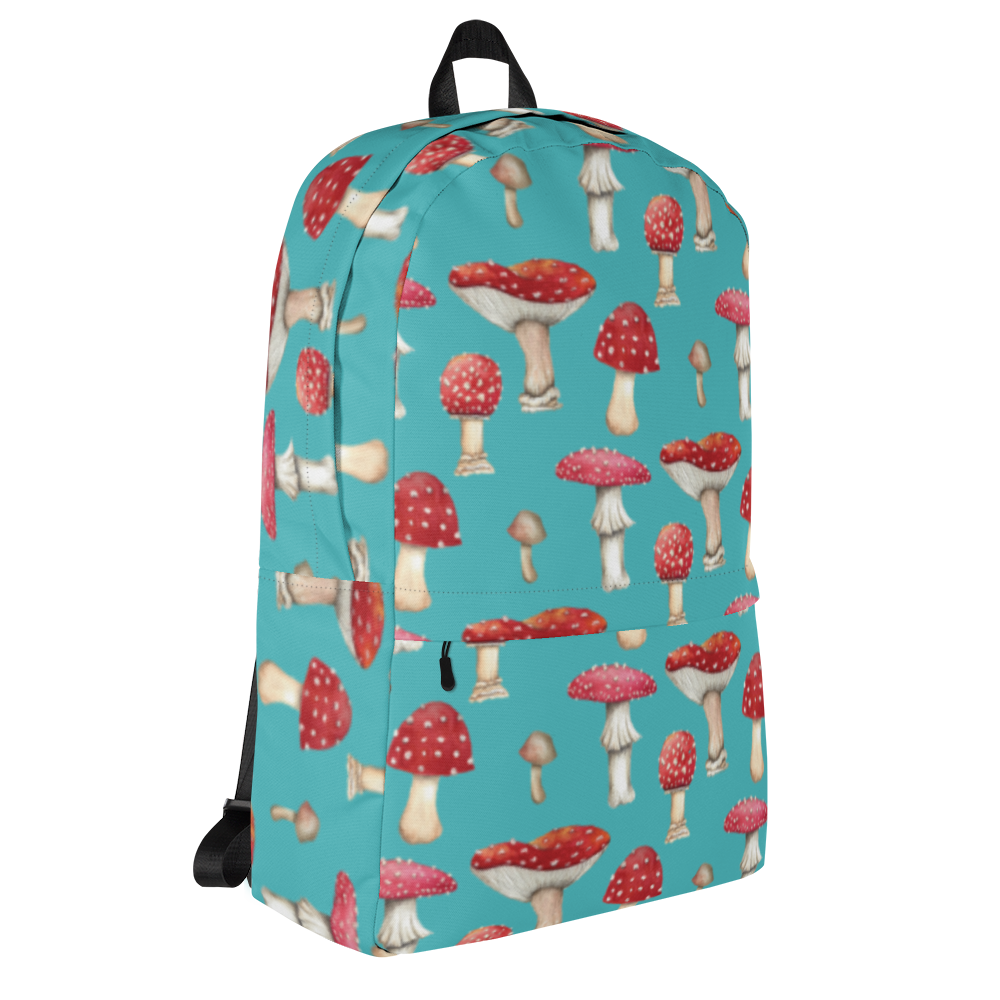 Blue Backpack with Botanical Print of Red  Amanita Mushrooms