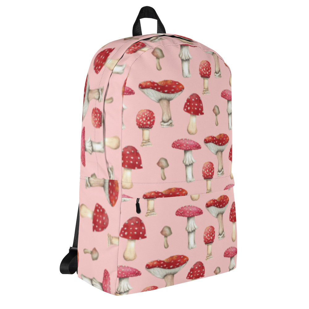 Pink Backpack with Botanical Print of Red Amanita Mushrooms