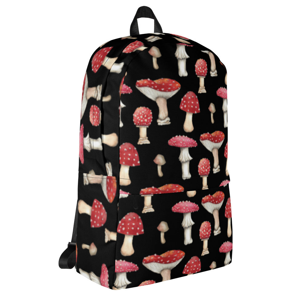 Black Backpack with Botanical Print of Red  Amanita Mushrooms