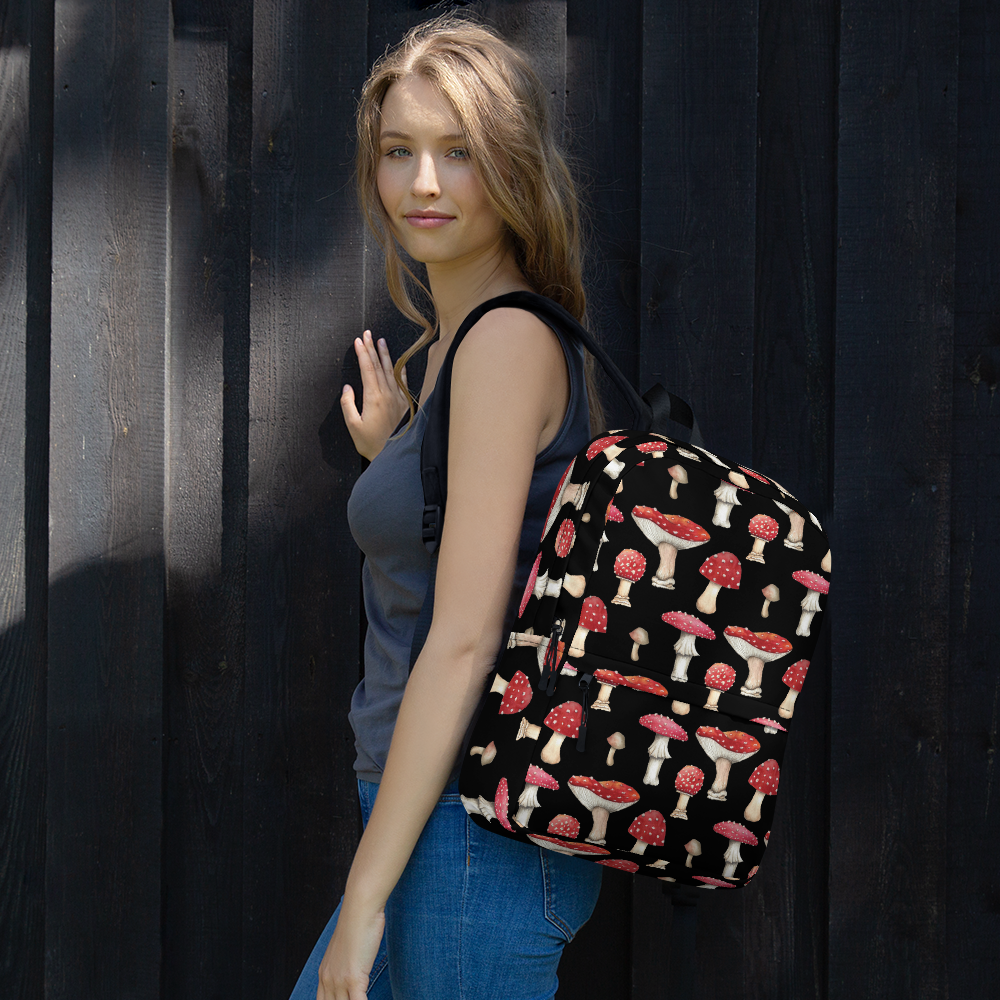 Black Backpack with Botanical Print of Red  Amanita Mushrooms