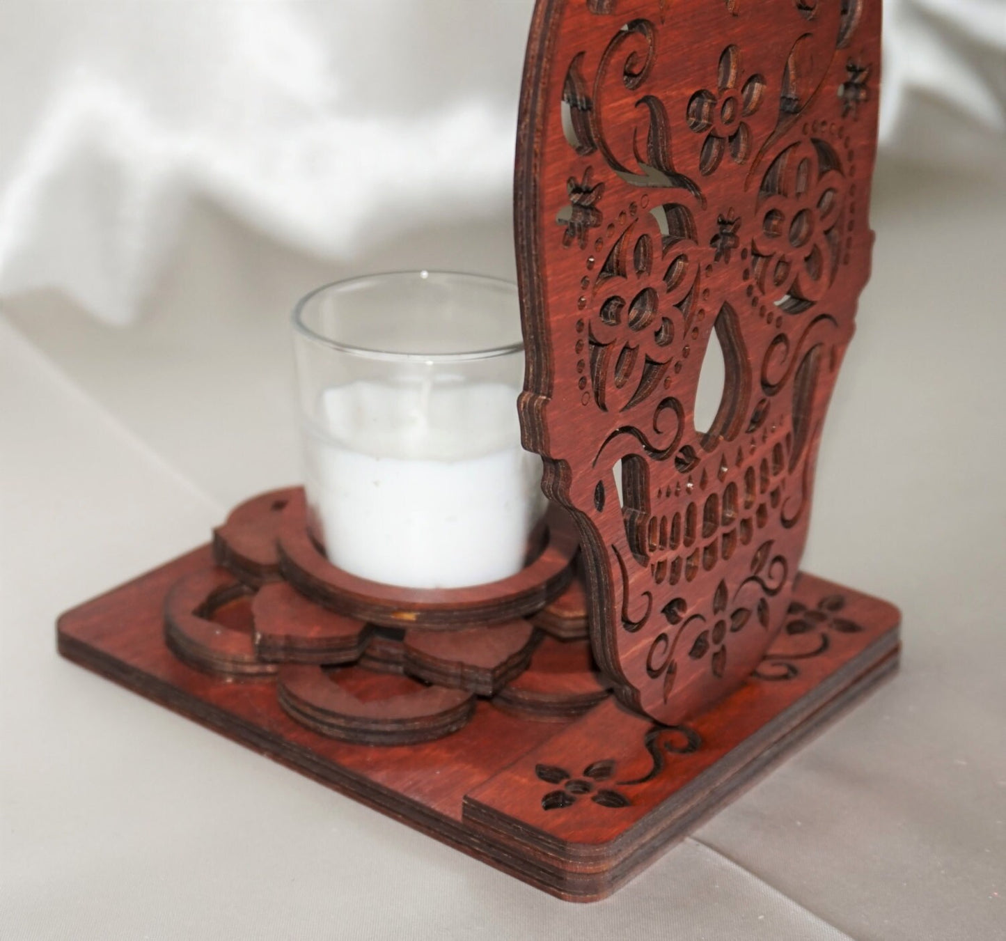 Tea Light Candle Lamp - Mexican Day of the Dead Sugar Skull and Mandala flower- Made in Texas - Unique Gift