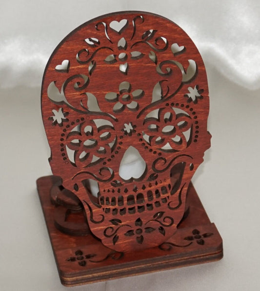 Tea Light Candle Lamp - Mexican Day of the Dead Sugar Skull and Mandala flower- Made in Texas - Unique Gift