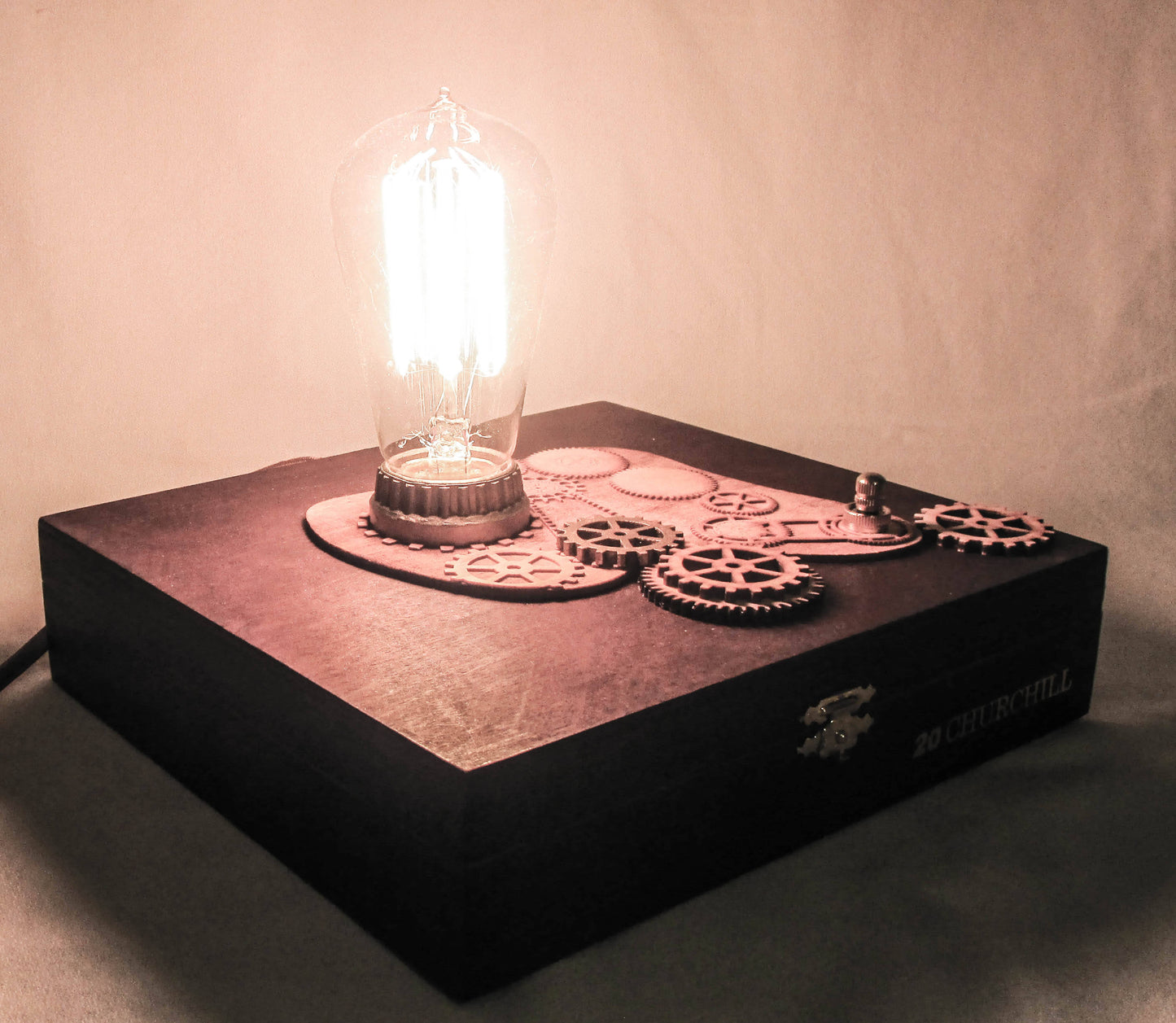 Retro Steampunk Lamp - Edison Bulb - Upcycled Cigar Box with Antique Replica Components