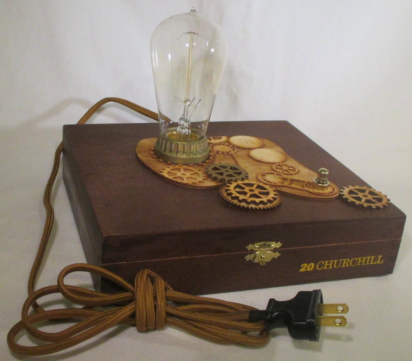 Retro Steampunk Lamp - Edison Bulb - Upcycled Cigar Box with Antique Replica Components