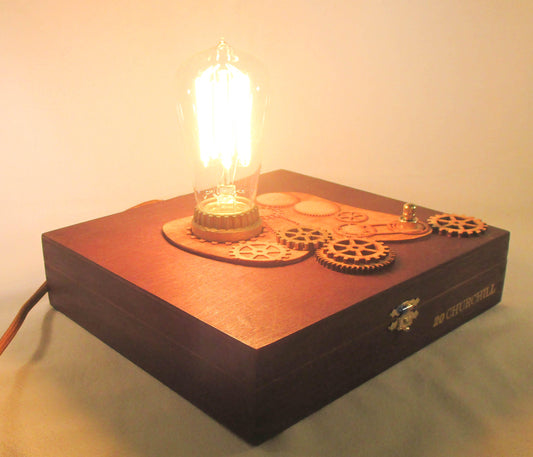 Retro Steampunk Lamp - Edison Bulb - Upcycled Cigar Box with Antique Replica Components