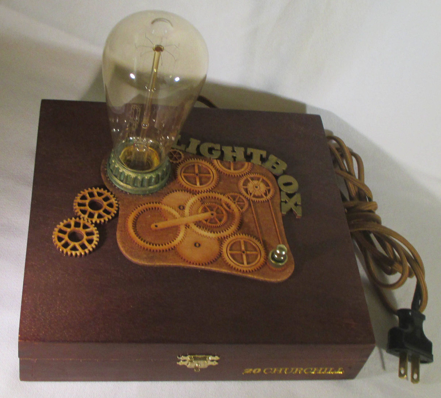 Light Box Retro Steampunk Lamp - Edison Bulb - Upcycled Cigar Box with Antique Replica Components