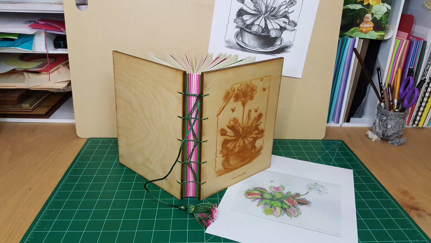 Hand bound Drawing Journal with Engraved Vintage Venus Fly Trap Illustration on Wood Cover, USA Made