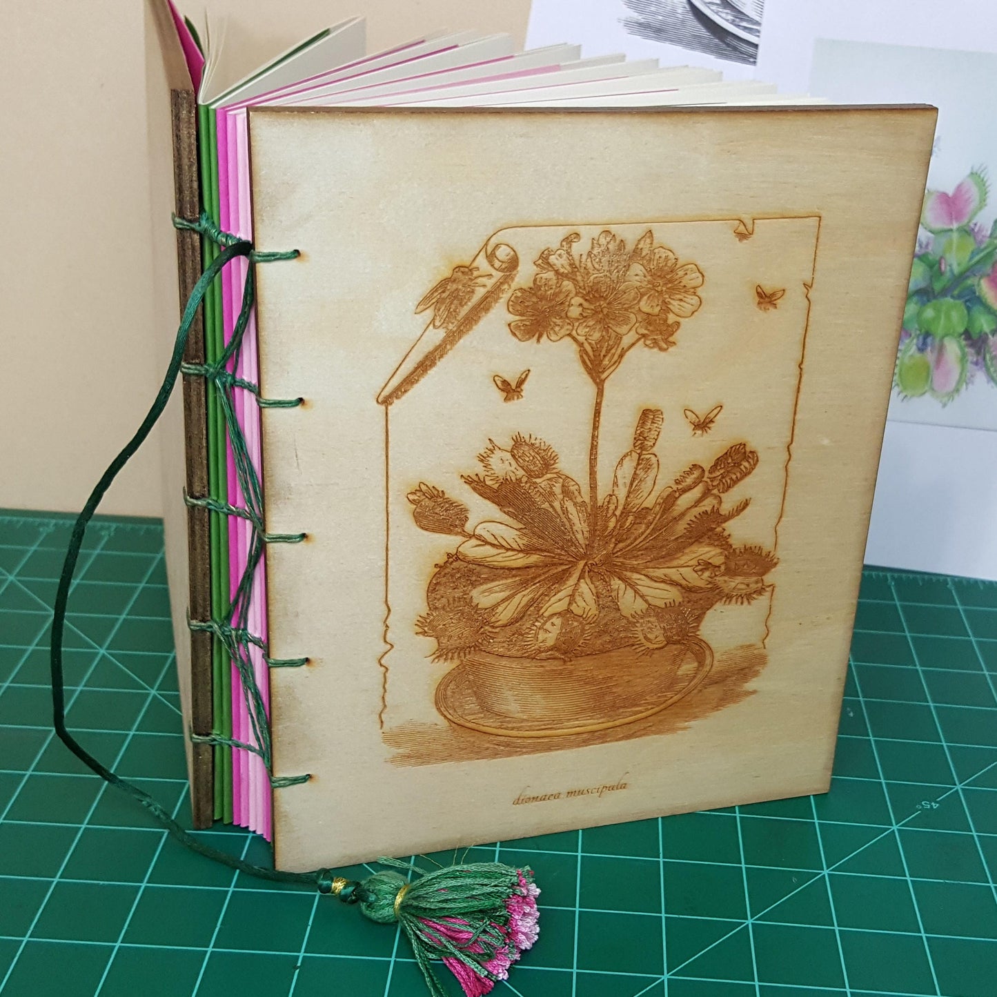 Hand bound Drawing Journal with Engraved Vintage Venus Fly Trap Illustration on Wood Cover, USA Made