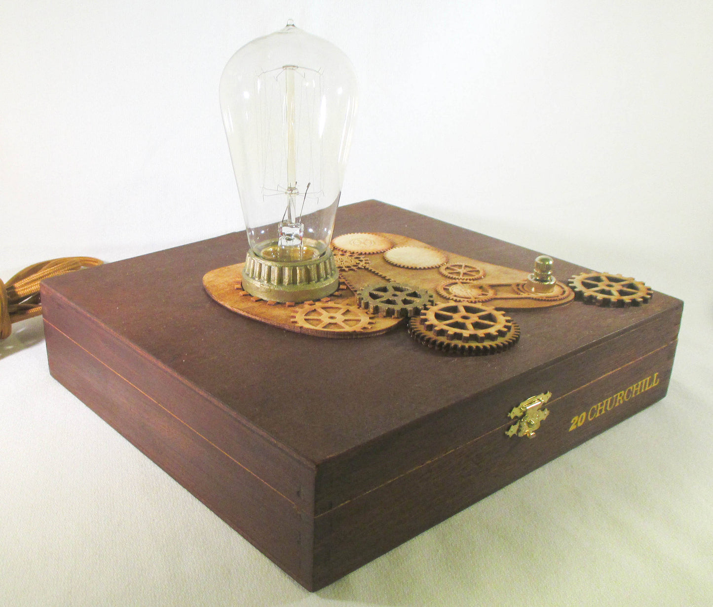 Retro Steampunk Lamp - Edison Bulb - Upcycled Cigar Box with Antique Replica Components