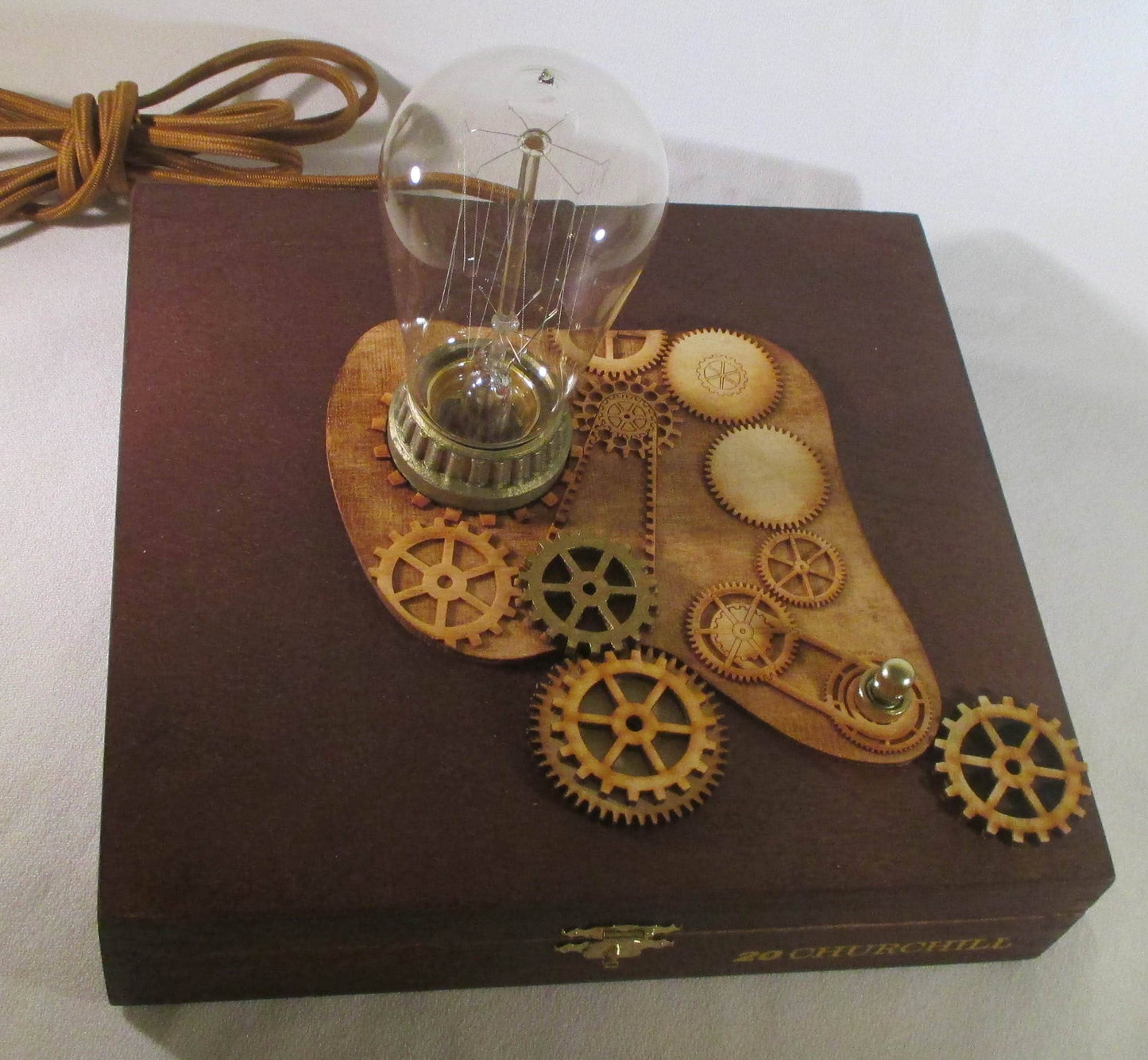 Retro Steampunk Lamp - Edison Bulb - Upcycled Cigar Box with Antique Replica Components