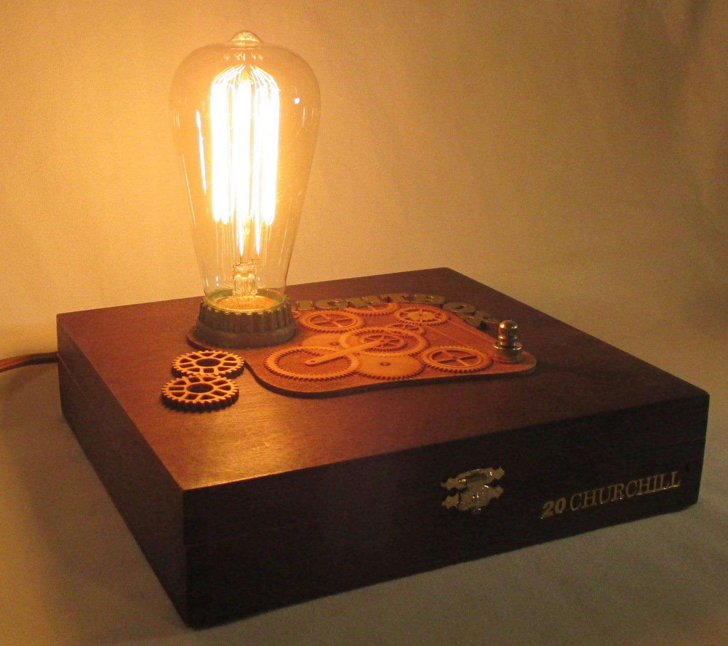 Light Box Retro Steampunk Lamp - Edison Bulb - Upcycled Cigar Box with Antique Replica Components