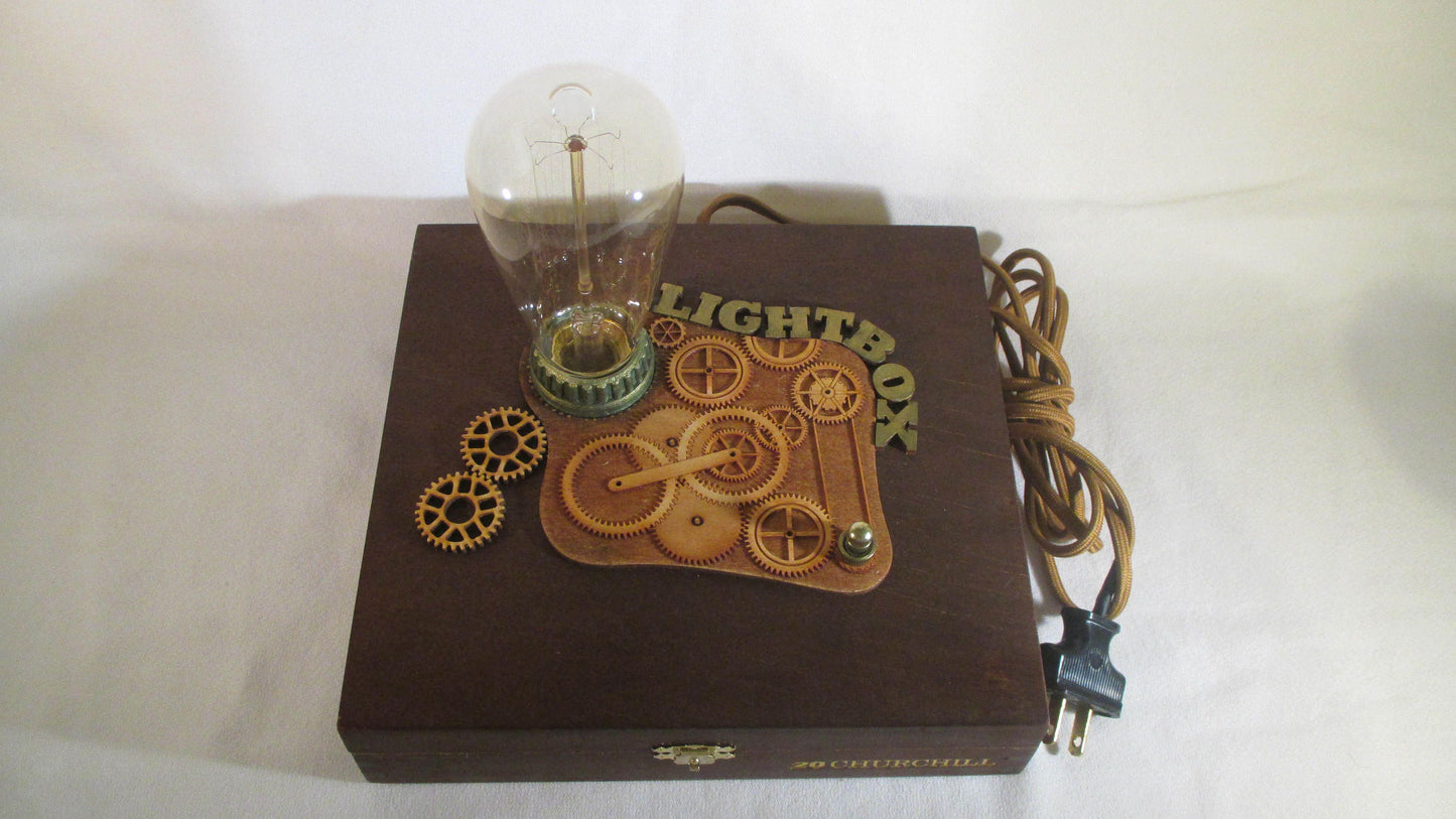 Light Box Retro Steampunk Lamp - Edison Bulb - Upcycled Cigar Box with Antique Replica Components