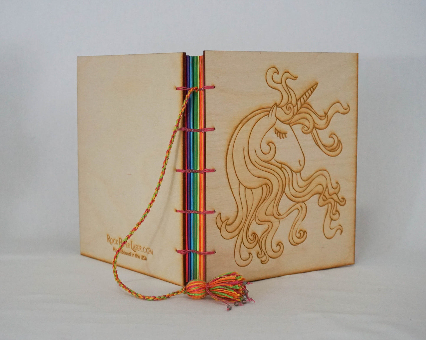 Large Wooden Cover Hand bound Journal with Engraved Unicorn