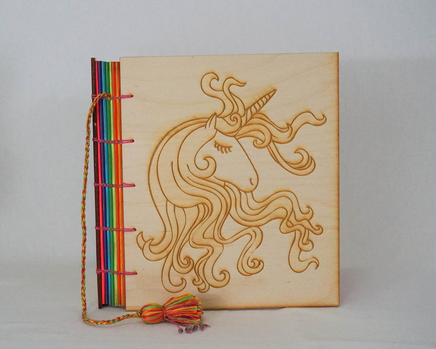 Large Wooden Cover Hand bound Journal with Engraved Unicorn