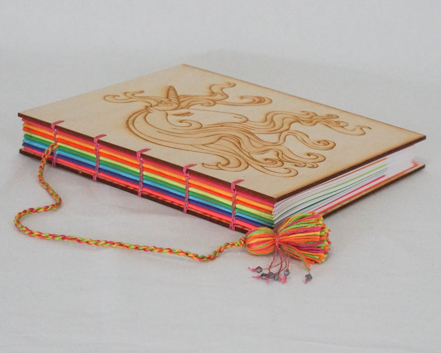 Large Wooden Cover Hand bound Journal with Engraved Unicorn