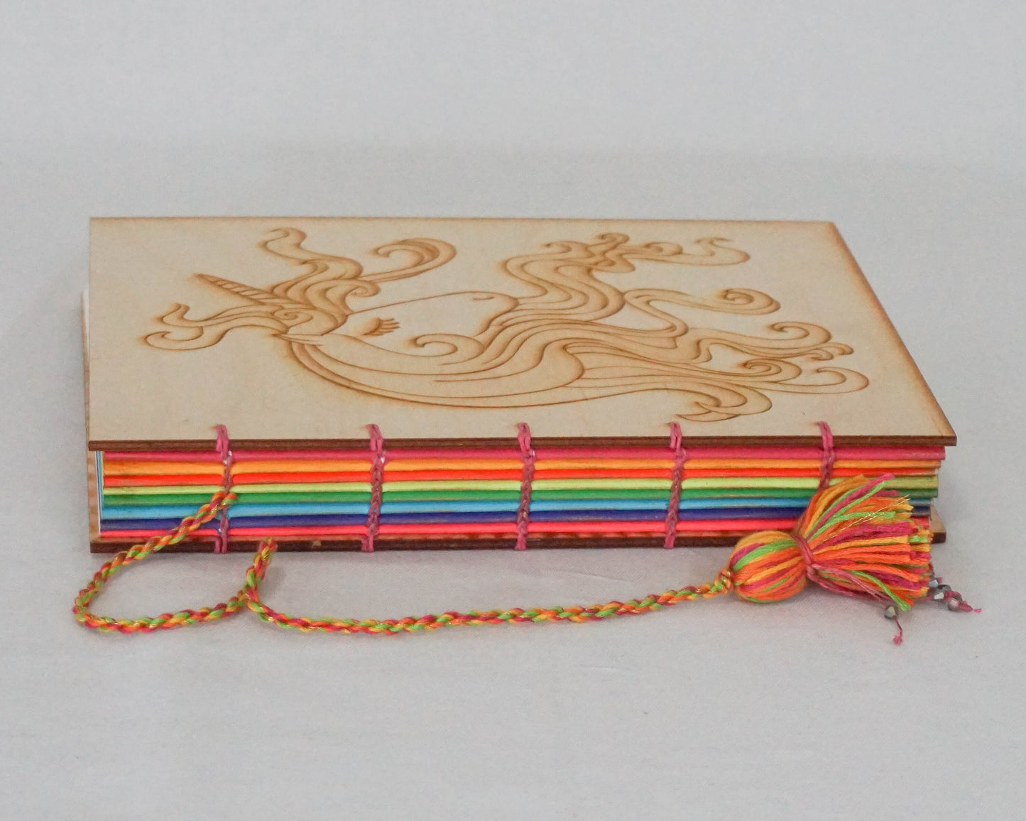 Large Wooden Cover Hand bound Journal with Engraved Unicorn